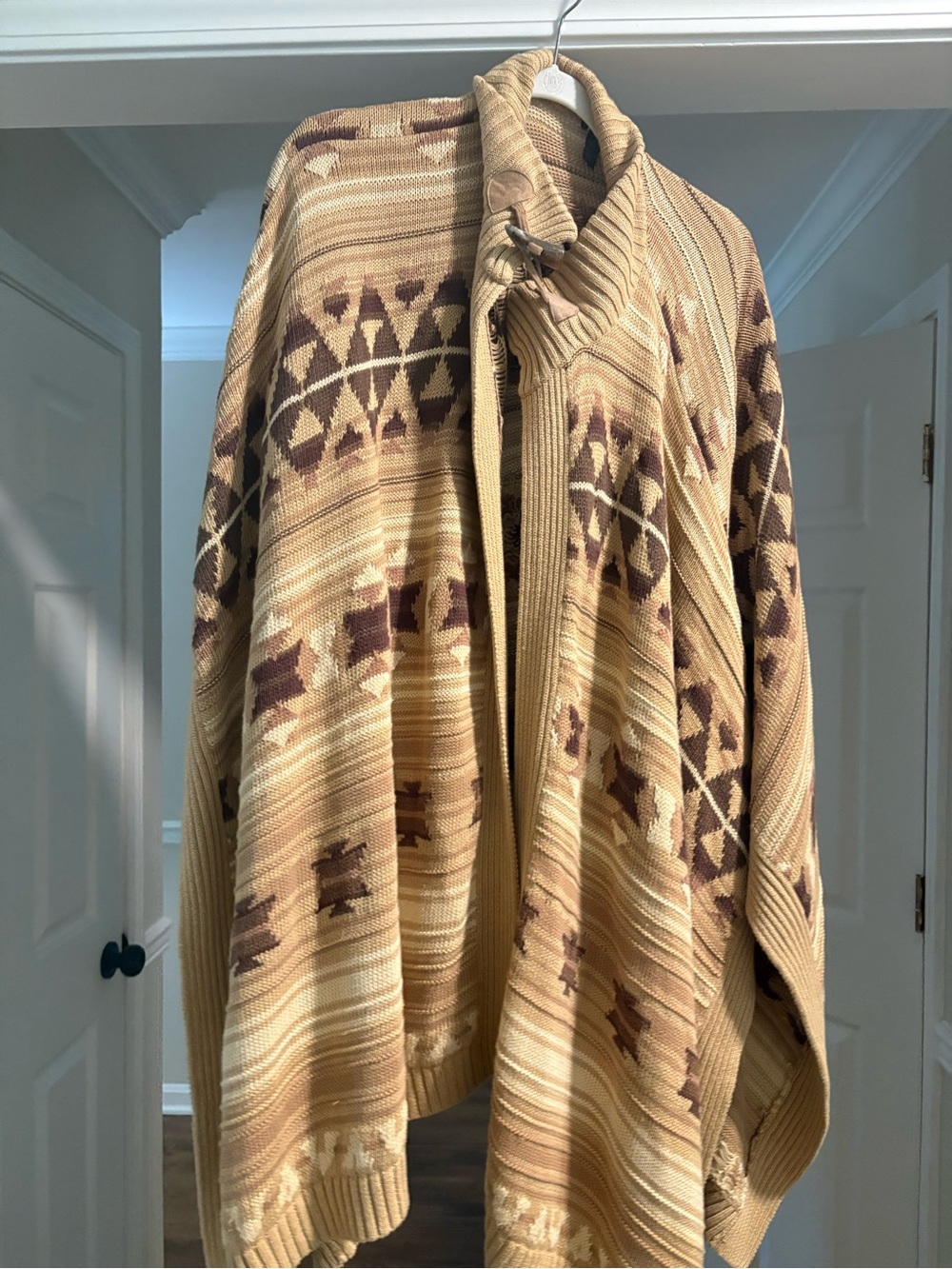 Lauren Ralph Lauren Tan and Brown Patterned Shawl-Collar Poncho